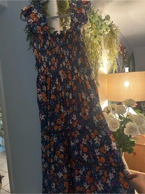 Melloday Floral Smocked Maxi Dress in Navy with Orange Blossoms